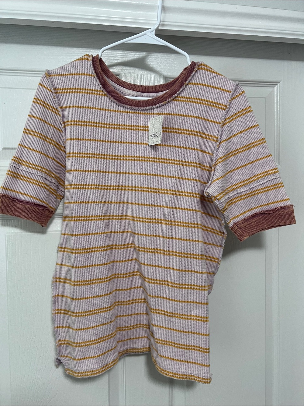 We The Free Striped Ribbed Tee in Pink, Mustard & Rust Trim